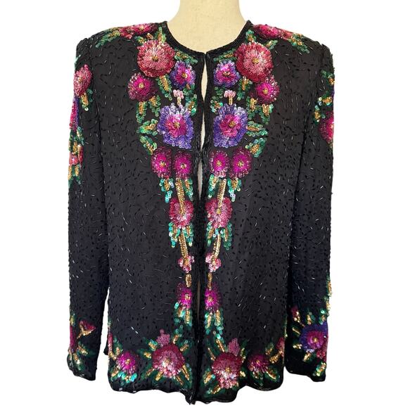 VTG BRILLIANTE BY J.A Silk Sequin Jacket Beaded Floral 80’s 90’s Glams Retro L - Picture 1 of 10